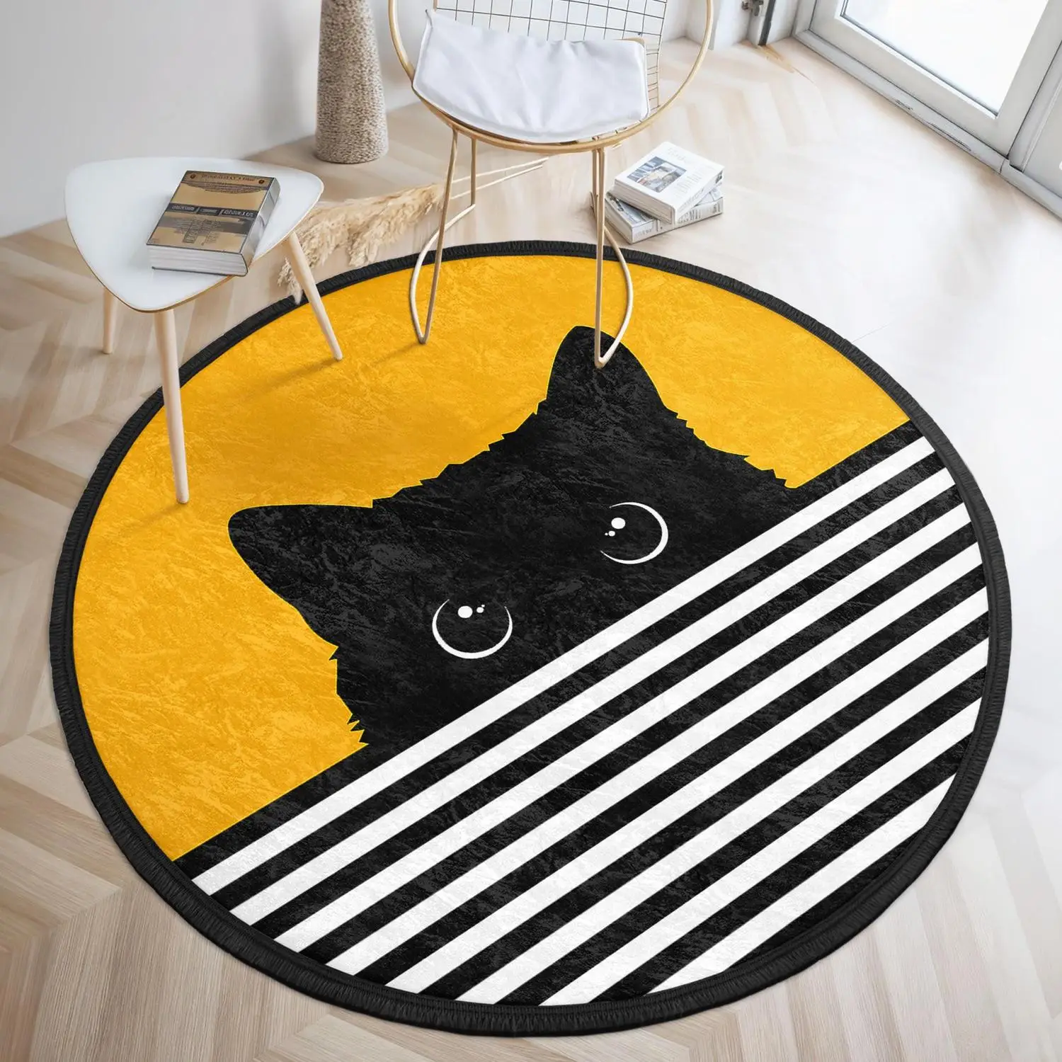 【Room Decorative Carpet】Black Cat Yellow Hide-And-Seek Round Carpet - Black and White Striped Round Carpet - Bright Yellow Decorative Carpet - Cute Animal Round Mat - Eye-Catching Oval Mat