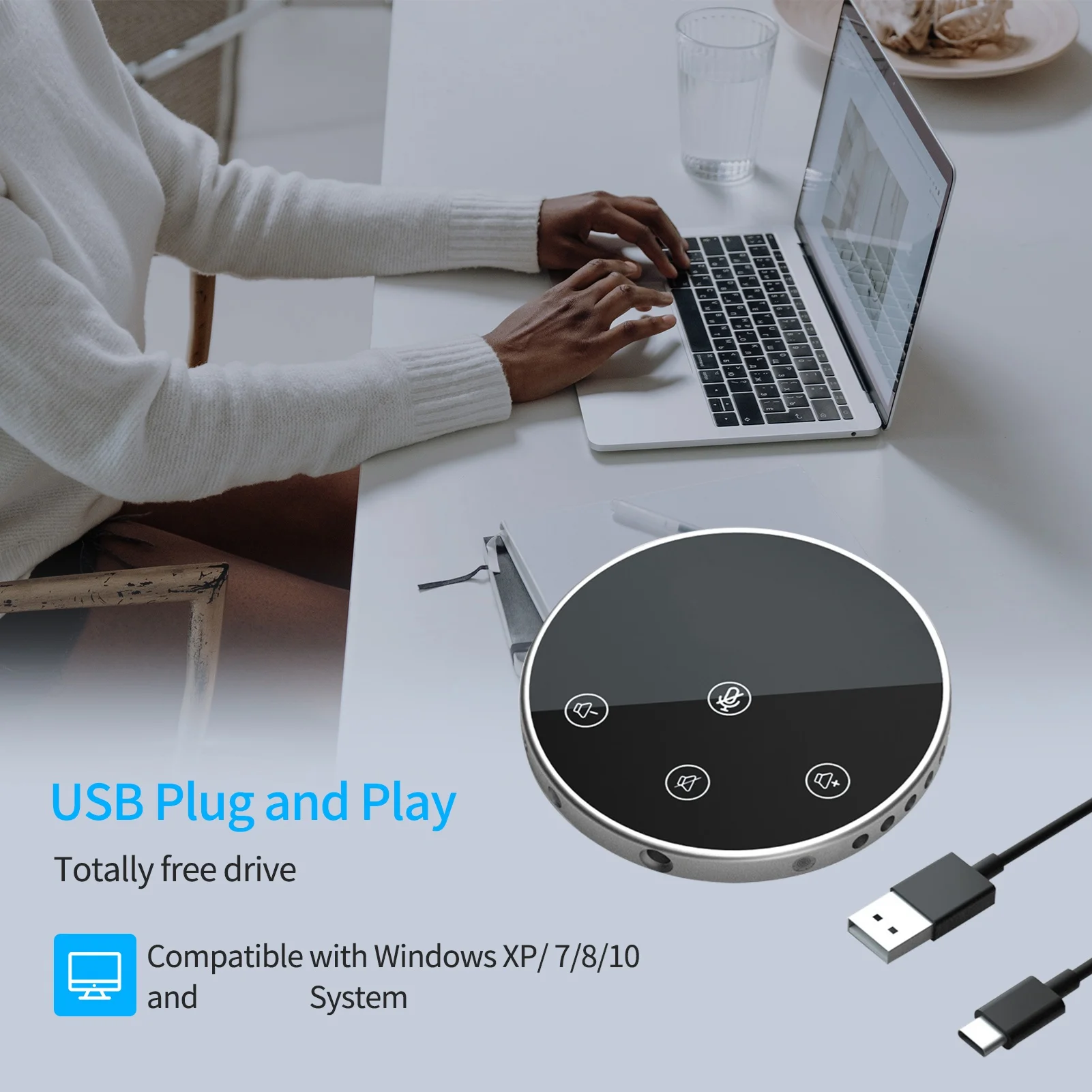 

Настольный USB-спикерфон для конференций с микрофоном 360° ° Всенаправленный конденсаторный микрофон для ПК с функцией Plug & Play и сенсорным управлением динамиком
