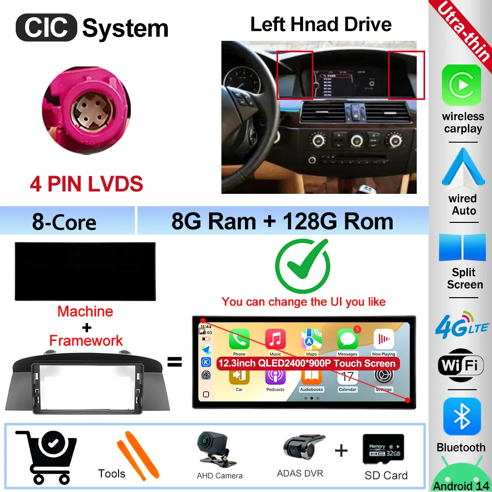 12.3" Ultra-thin Screen Android 16 BT for BMW 5 Series E60 E61 E62 2004-2008 CIC CCC System 4G Car Radio Video Multimedia Player image 3