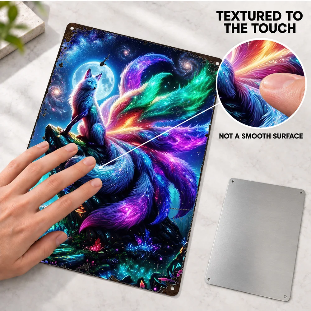 Cosmic Nine-Tailed Fox Printed Poster Customized Aluminum Metal Sign Vivid Neon Digital Illustration Wall Art For Reading Corner