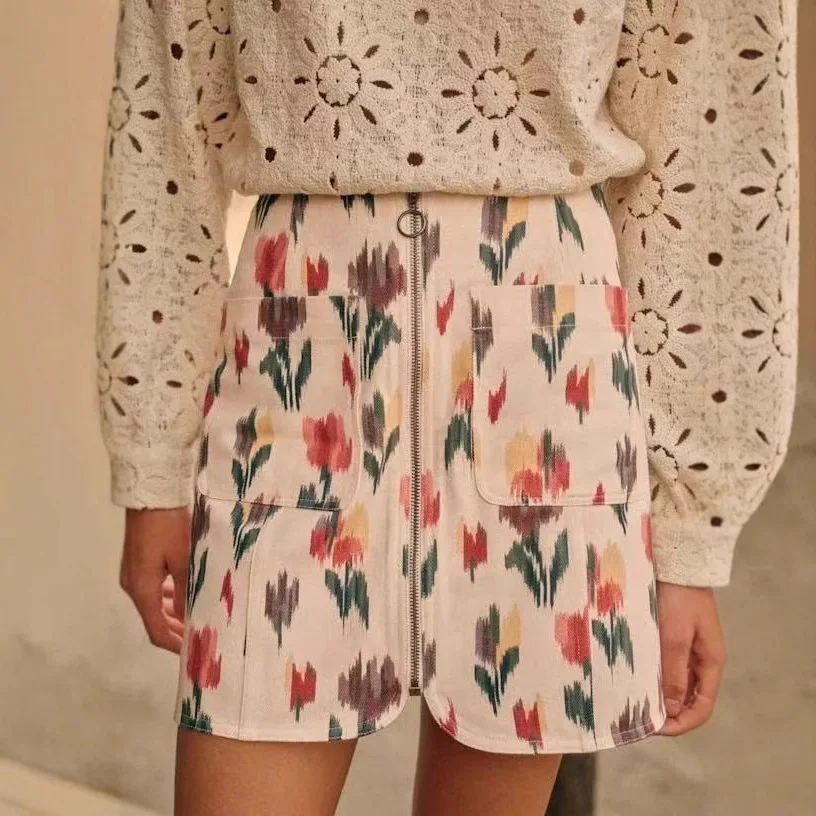 

Romantic Art Floral Print f Skirt with Double kets Zipper Cotton Material Ele Sle Wrap around Skirt for Women