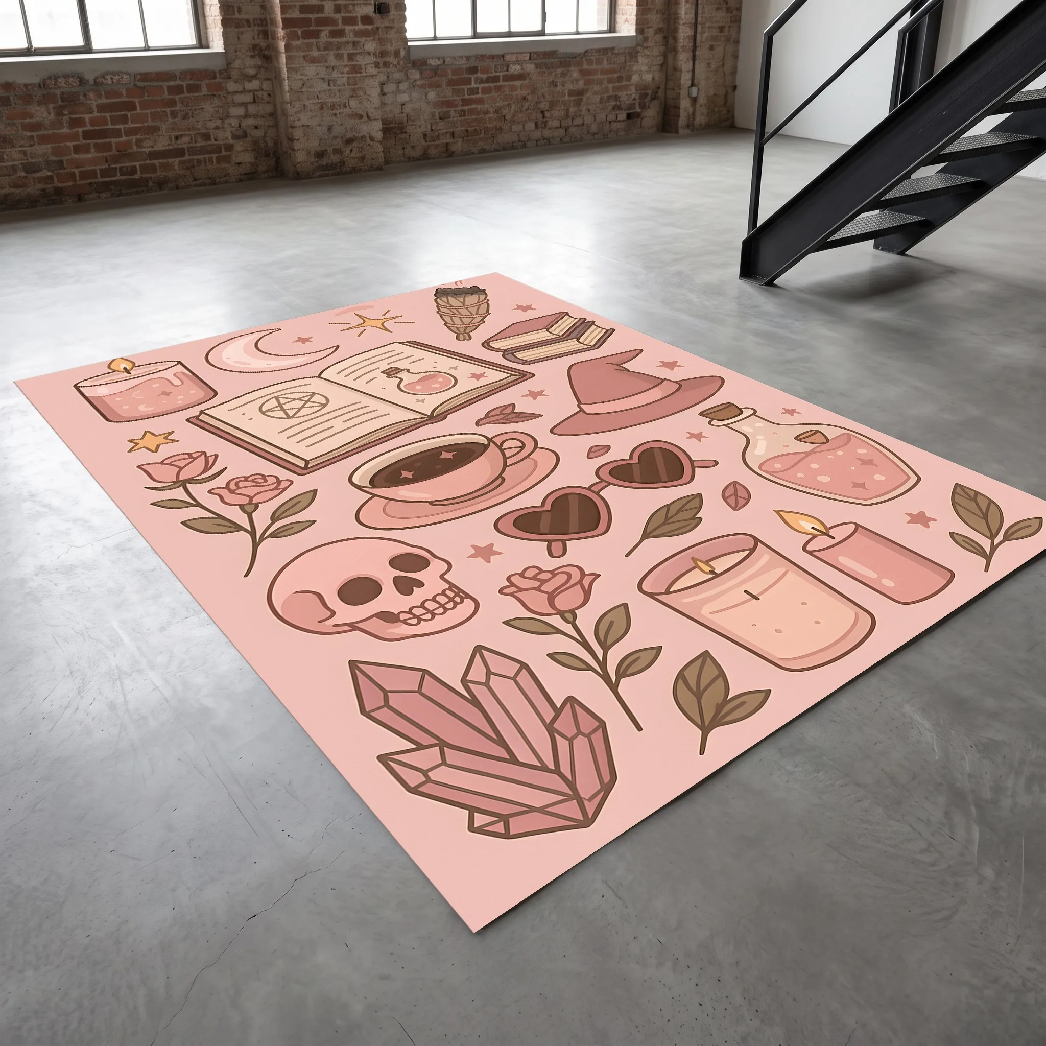 Velvet Rug Pink Tone Skull Witch Inspired Sweet Cool Style for Entryway Bedroom Bedside Decor