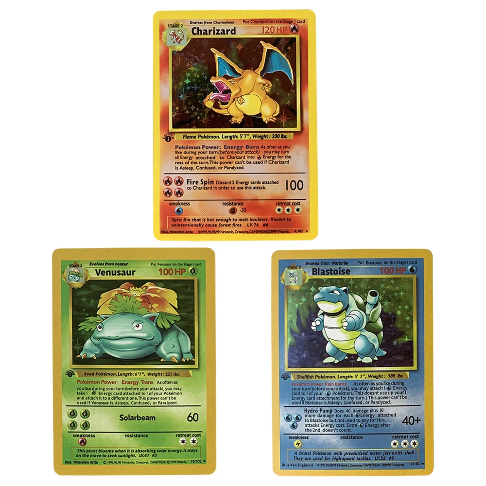 3Pcs 1996 Years English Cards First Partner PTCG Charizard Blastoise Venusaur Game Anime Collection Cards Gift Toy for Childrens