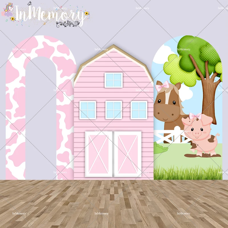 Pink Barn Farm Birthday Party Arch Backdrop Wall  Animals Cow theme Open Arch Cover Background Decor