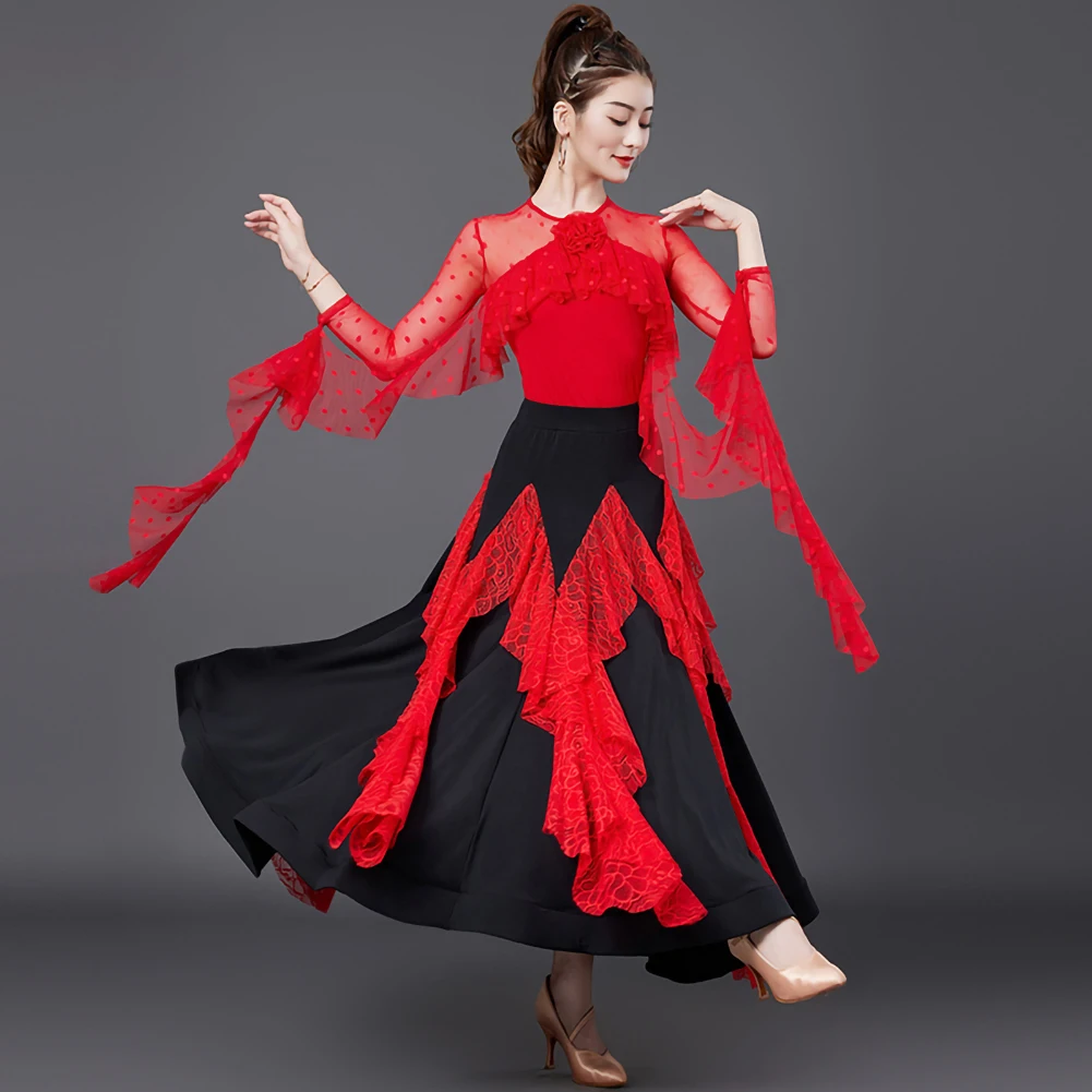 Ruffle Waltz Set Red Blue Standard Dance Competition Dress Set New National Standard Skirt Stereoscopic Flower One-piece Top