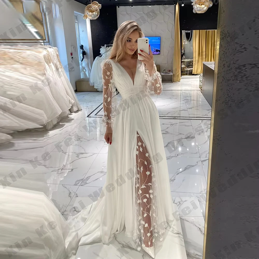 

Элегантные женские шифоновые платья трапециевидной формы для невесты с длинными рукавами и v-образным вырезом, аппликациями, свадебные платья в стиле бохо, свадебные платья по индивидуальному заказу