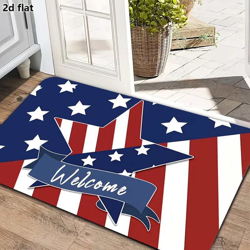Patriotic American Flag Door Mat, Stars & Stripes Welcome Rug, USA Independence Day Decor, Non-slip Entrance Floor Mat Red White