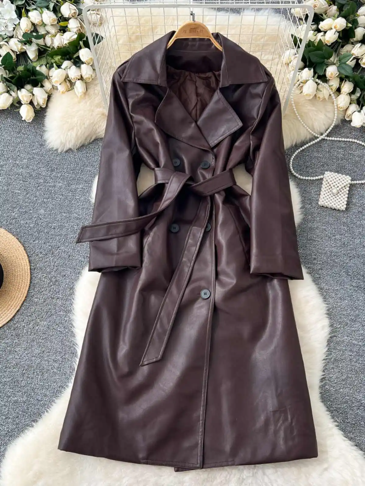 Vintage Leather Trench Coat Women Autumn New Double Breasted Turn-down Collar Long Coats Solid Color Lady Overcoat Streetwear