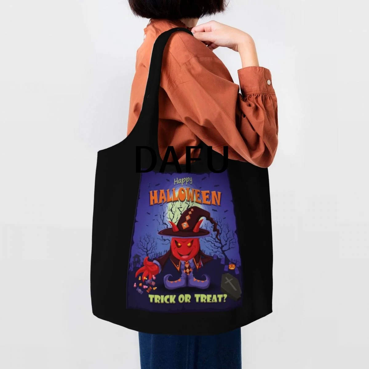 Happy Halloween Funny Halloween Print Cotton Tote Bag - Casual Commuter Shoulder Bag for Work Grocery Shopping Trick or Treat