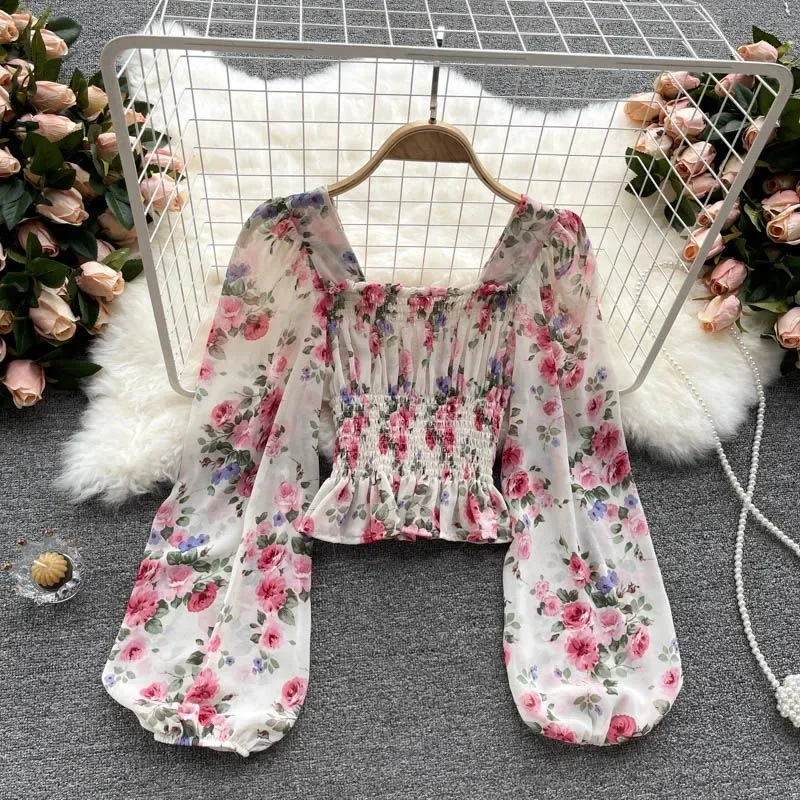 

Pink Floral Printing Chiffon Square Collar Lantern Sleeve Women's Blouse Shirt Korean Fashion Female Clothing Tops 2025 Summer