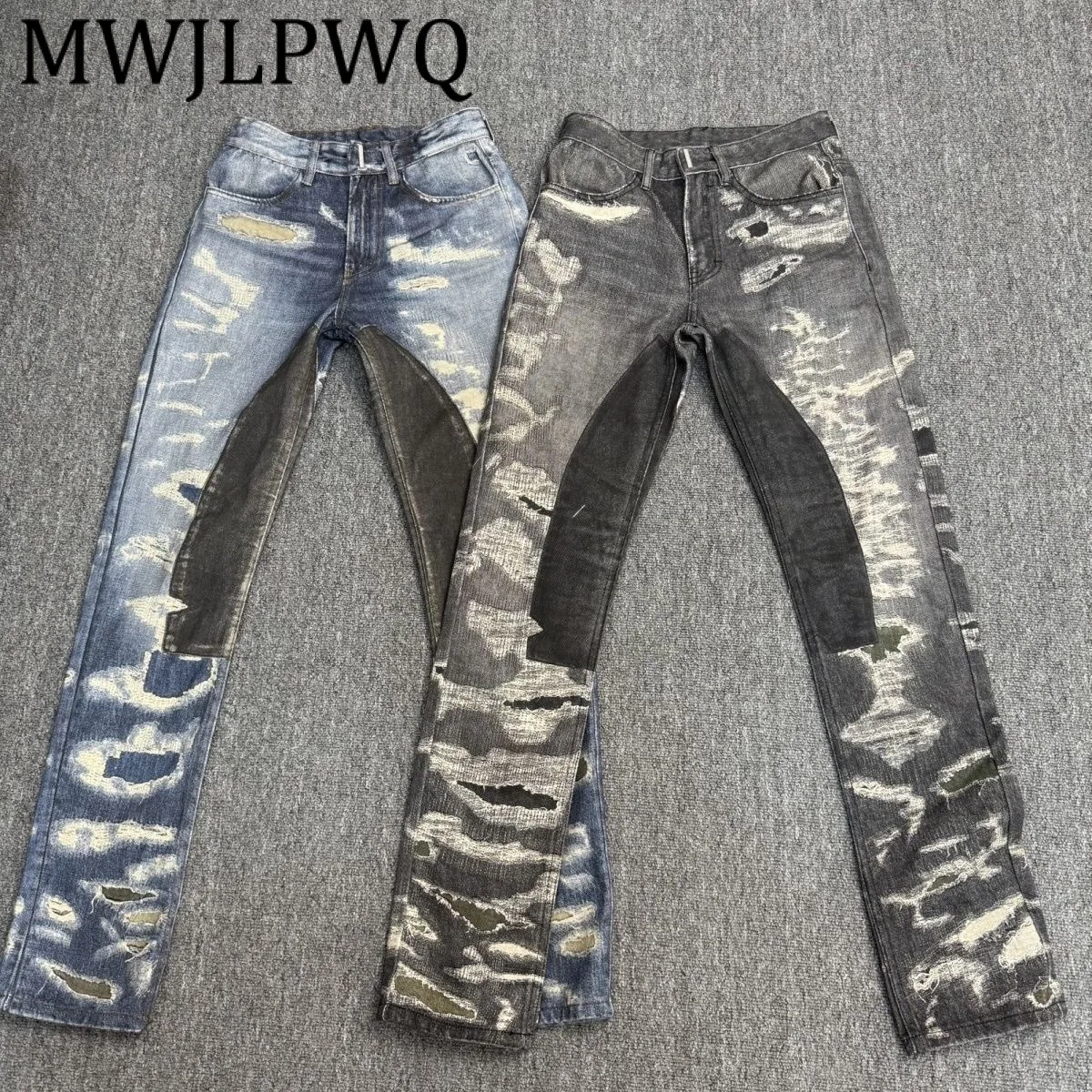 

MWJLPWQ Прямые джинсы с искусственным рваным принтом, тяжелые ремесленные прямые джинсы, расклешенные брюки American Vibe High Street, осень 2021, 11766.
