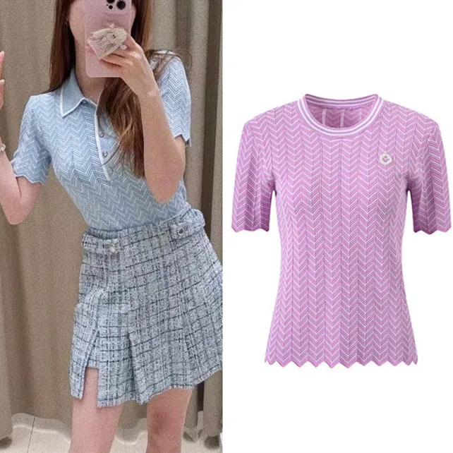 

Ele Purple ort Sve round Ne Knitted Top Hollow out Wave Design Slim Fit Women's Faion Summer T-irt