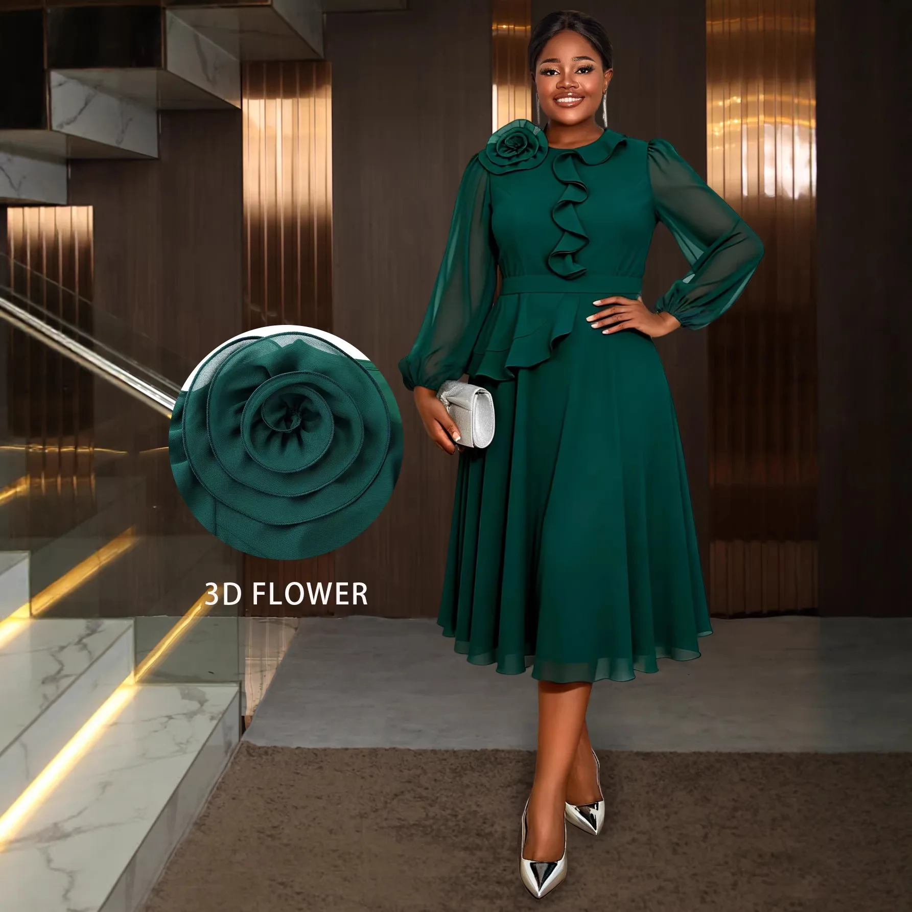 

L-4XL Plus Size African Dresses for Women Elegant 2026 Spring Summer African Long Sleeve O-neck Party Evening Midi Dress Outfits