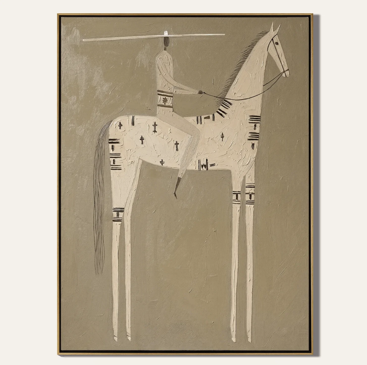 Abstract Tribal White Horse Rider Canvas Wall Art Prints Posters Decor, Taupe Minimalist Art for Living Room Bedroom Entryway