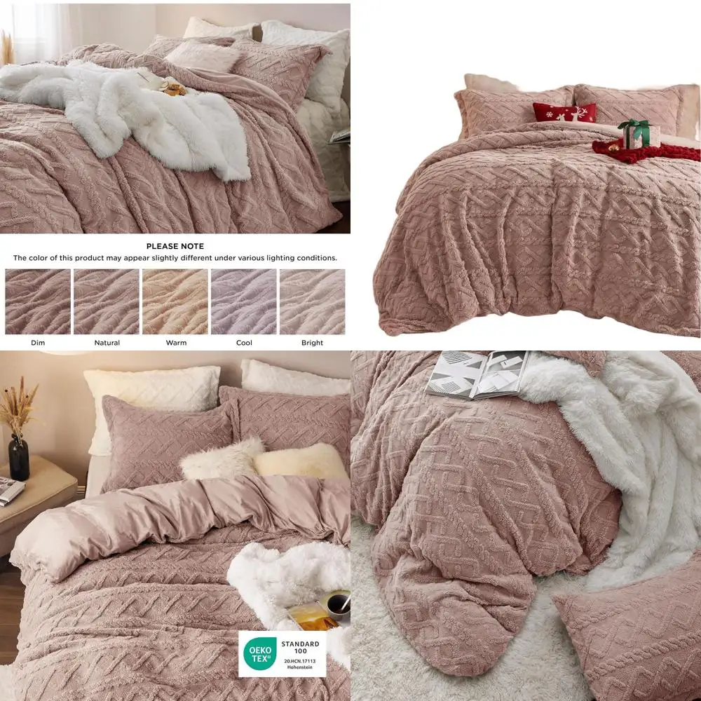 

Fluffy Flannel Duvet Cover Set for Christmas - Faux Fur Comforter Cover Queen Size, Cameo Rose Warm Plush Bedding for Winter, 3-