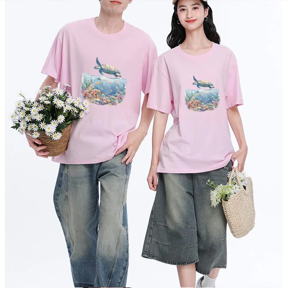 Sea Turtle Fish Coral Printed T Shirt Breathable Fabric S-XXL Personalized Custom Casual Short Sleeve Tee Aesthetic Graphic Top