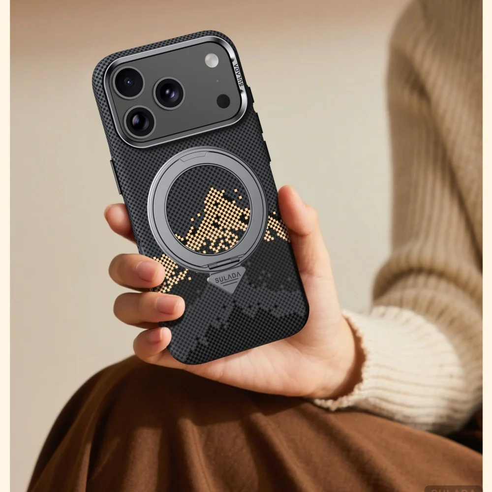 

High Quality Rotating Stand Kevlar Textured PU Case for iPhone 17 Pro Max for MagSafe Charging Cover Anti-Fingerprint Shockproof