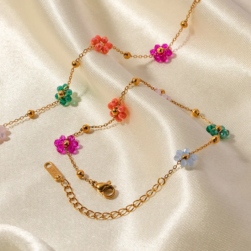 Kolmnsta Exquisite Colorful Flower Chain Necklace Bracelet Set For Women Gold Plated Titanium Steel Daisy Choker Necklace Gift
