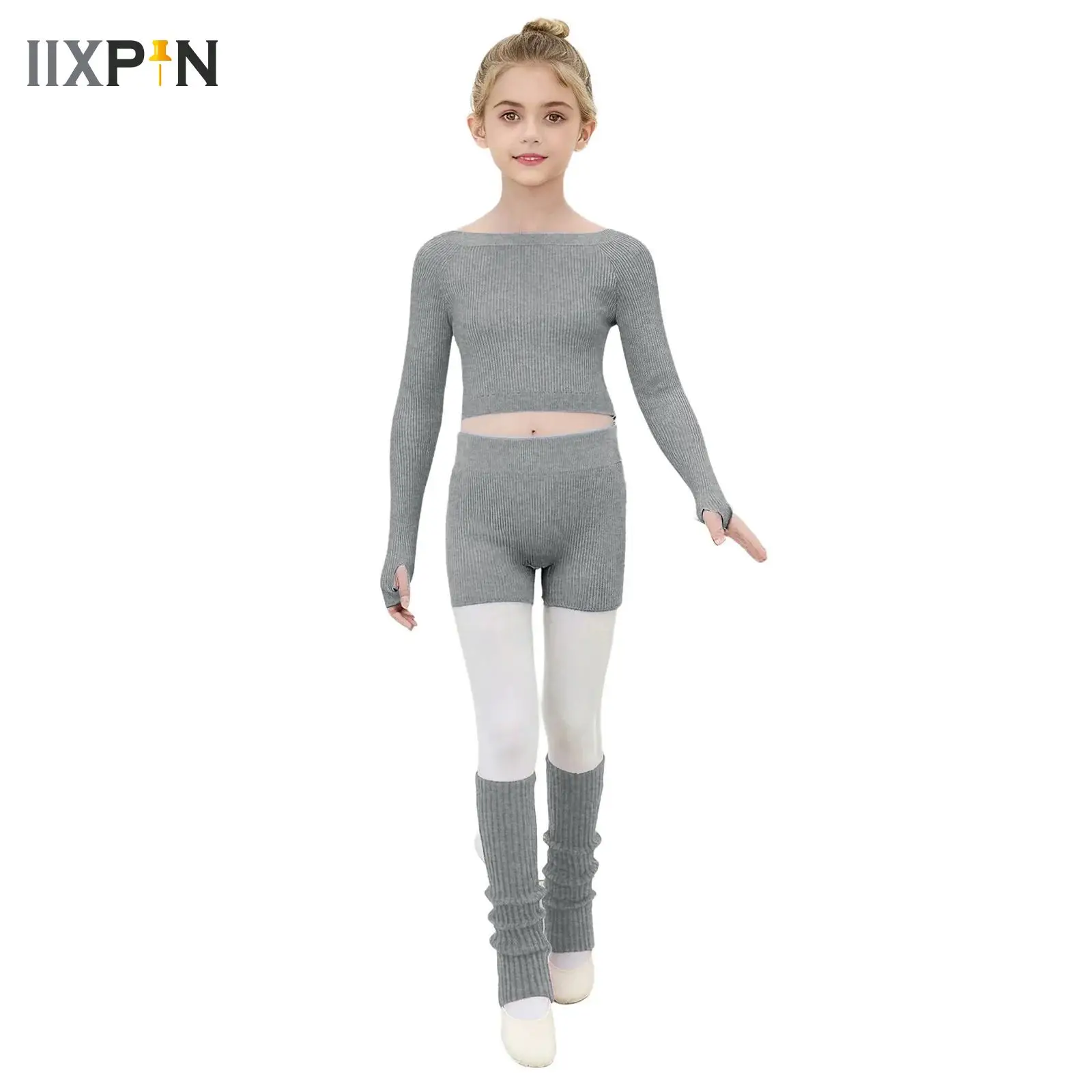 

Girls Ballet Training Dance Knitted Outfit Set Long Sleeve Crop Top Sweater with Shorts And Leg Warmers for Practice Warm-Up