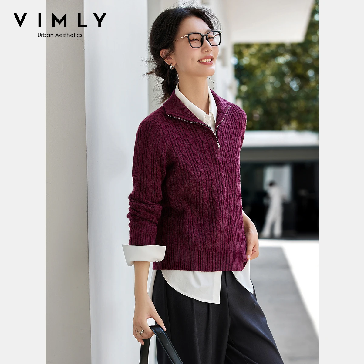 VIMLY suéter retorcido mezclado de lana verde para mujer otoño 25 nuevo suéter de punto con solapa de viento perezoso Top 75091