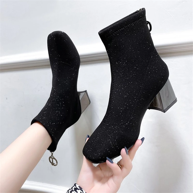 Elastic Sequined Cloth Women Sexy Sock Boots Autumn Metal Square Heels Ladies Office Shoes Party Pointed Black Female Ankle Boot