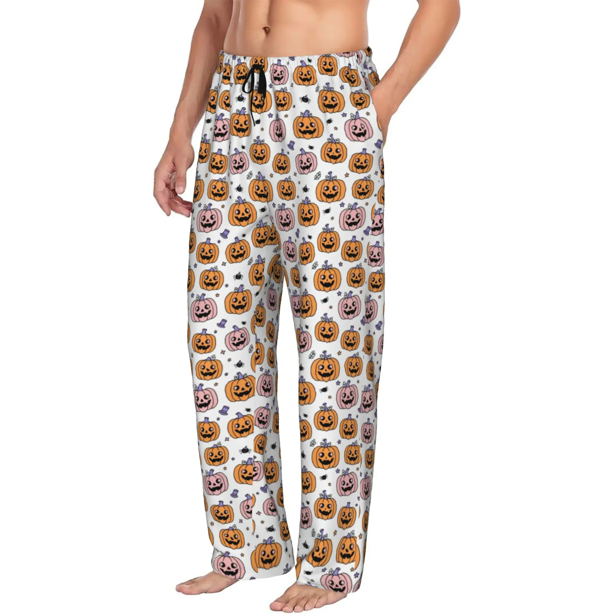 Custom Print Men's Halloween Pumpkin Pajama Pants  Sleepwear Sleep Lounge Bottoms with Pockets