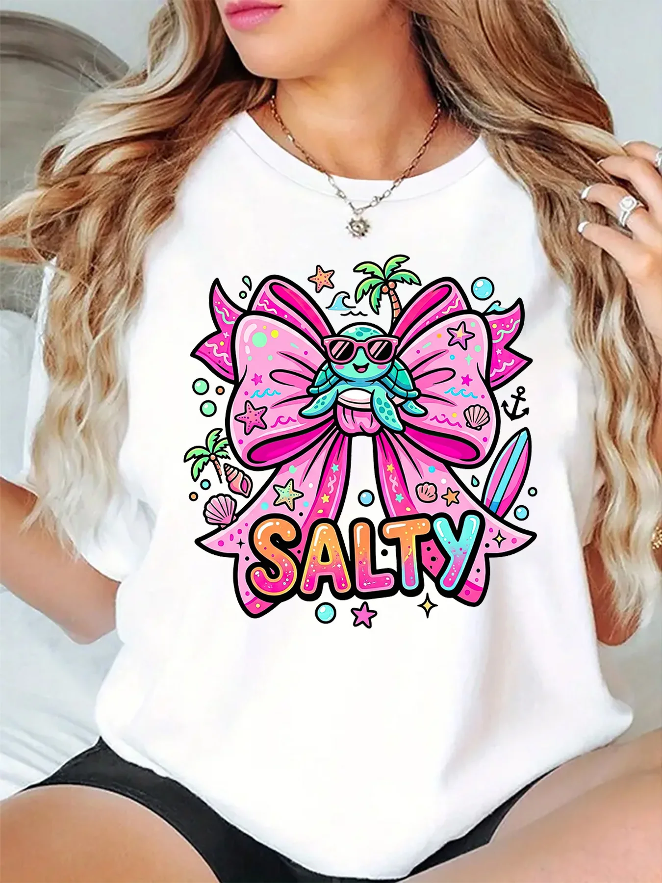 Salty Cute Sea Turtle Pink Bow Starfish Shell Beach Summer Graphic Womens T Shirt Short Sleeve Crew Neck Casual Ladies Tee Tops