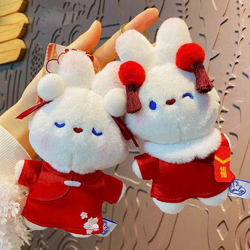 Cartoon Plush Delicious White Rabbit Doll Pendant Key Chain Cute Red Bow Good Luck Bunny Student Backpack Keyring Bag Charm Gift