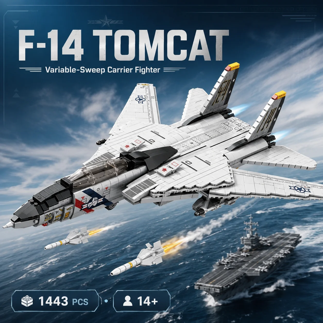 Image of 1443-teiliger Militär-Tomcat F14 Jet-Kampfjet Baustein-Bausatz, Flugzeugmodell für Flugzeugträger, Deko-Modell für den Schreibtisch, Geschenk für die Feiertage, DIY-Spielzeug