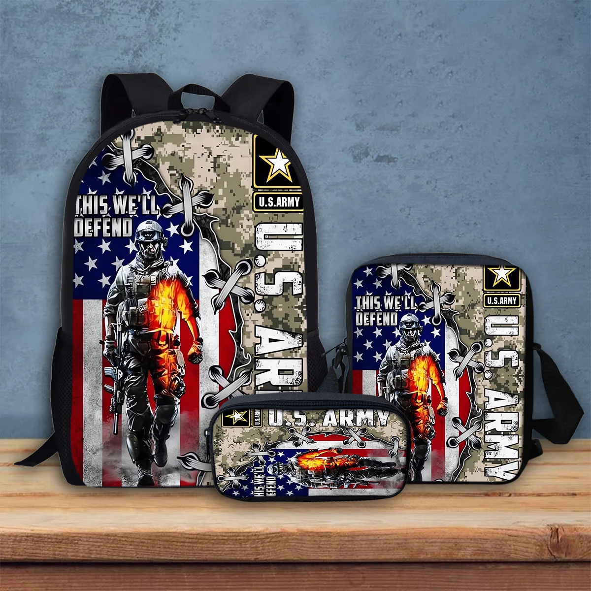 Mochila escolar con patrón de día conmemorativo para hombre, bolsa de almuerzo portátil para veterano, cajas de lápices, paquete de día de viaje informal, 3 unids/set