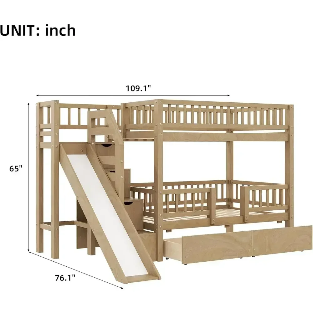 Twin Over Twin Wooden Bunk Bed with Slide and Storage Stairs, Perfect for Kids and Teens (Walnut)