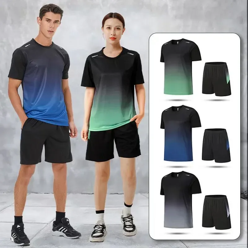 

(M-5XL)Adult Gradient Color Quick Dry Two-piece Fitness Sport Suit Set Breathable Loose Running Gym Workout Shorts T-Shirt MM717