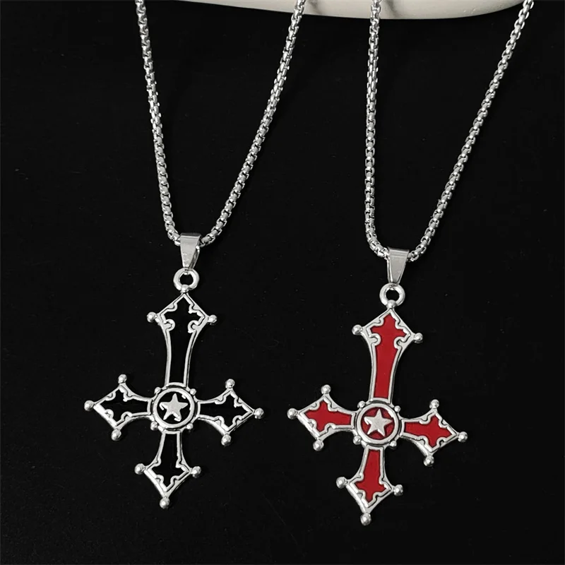 Vintage Red Bloody Inverted Cross Stainless Steel Necklace  Gothic Cross Pendant Necklace Devil Lucifer Satan Satanic Jewelry