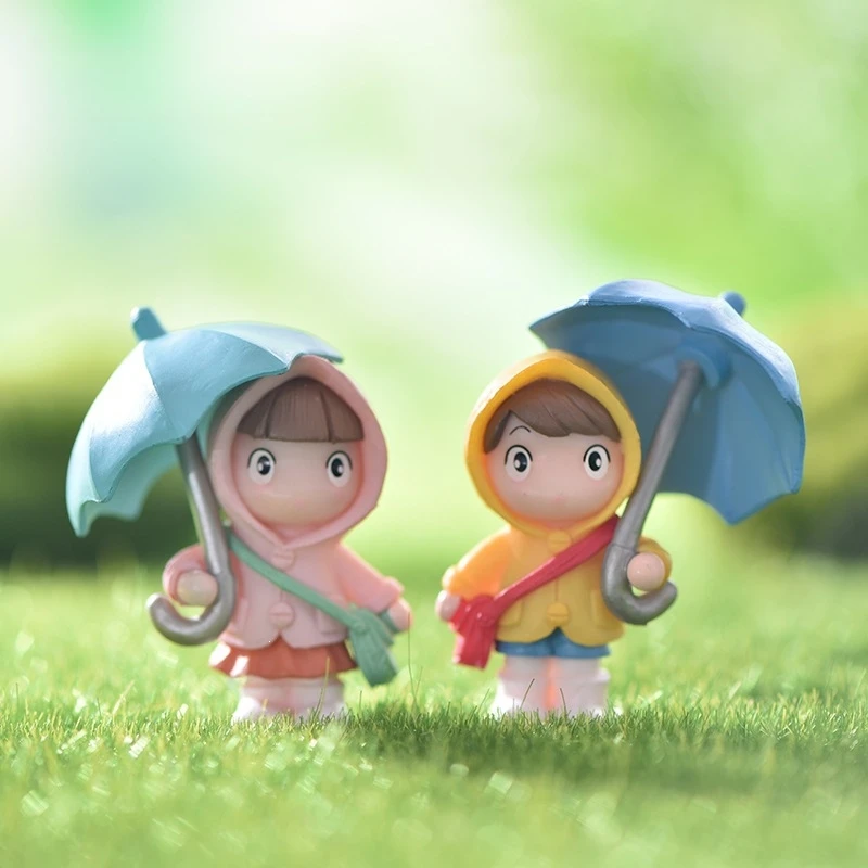 Tiny Girl with Umbrella & Raincoat Miniature - Cute Desktop Ornament for Home Decor & Micro Landscape Accessory