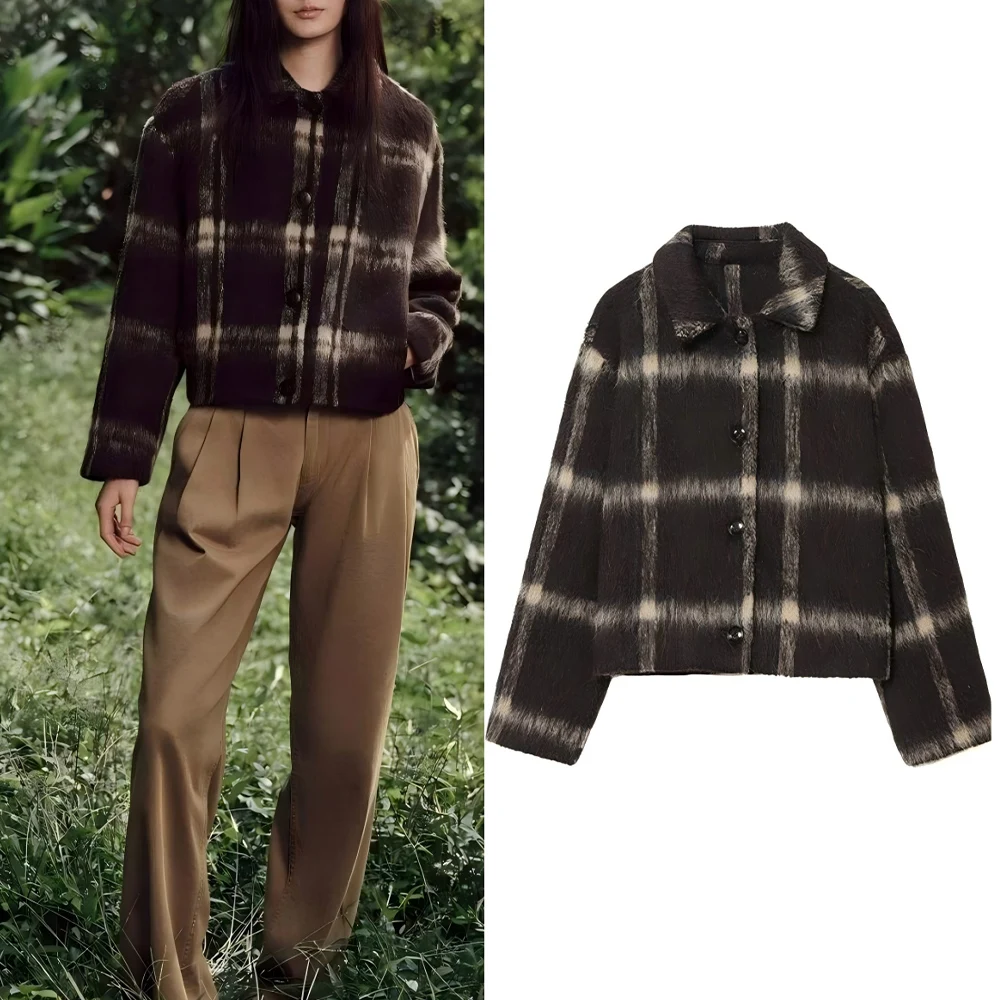 

Женская новая модная повседневная однобортная клетчатая куртка с лацканами, пальто в стиле ретро с длинными рукавами и боковым карманом, женское пальто, шикарный топ