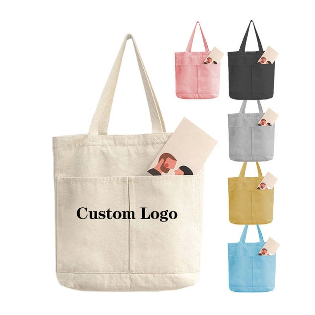 Manufacturer OEM Outside Pocket Canvas Cotton Shopping Bag Blank Canvas Tote Bags with Printed Custom Logo AliExpress