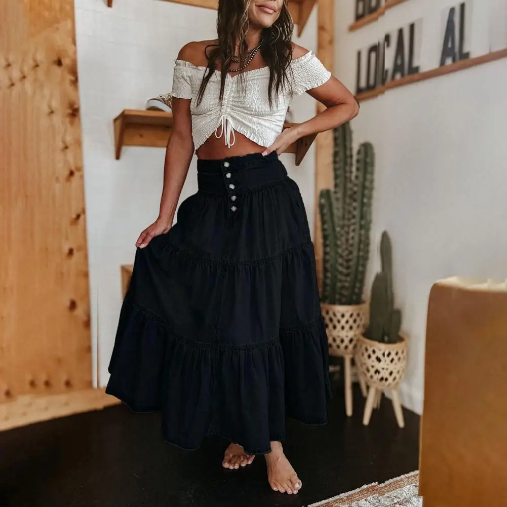 Denim Maxi Skirt Bohemia Style Women's Denim Skirt with High Waist Button Fly Multi-layer Ruffle Stitching Long Casual for A