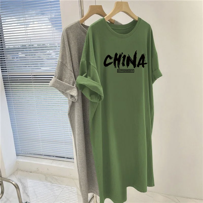 Summer Cartoon Letter Printed Tunic, Women Clothing O-neck Short Sleeve Overknee Dresses, Casual Loose Pullovers Dress