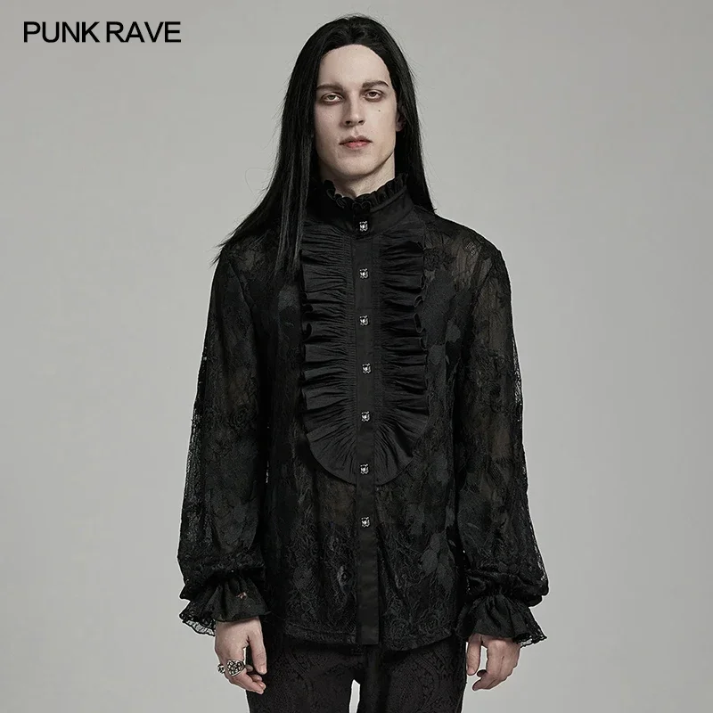 PUNK RAVE Men's Gothic Lace Gorgeous Embroidery Floral Shirt Lantern Sleeve Design Party Club Loose Fitting Shirts Men Clothing