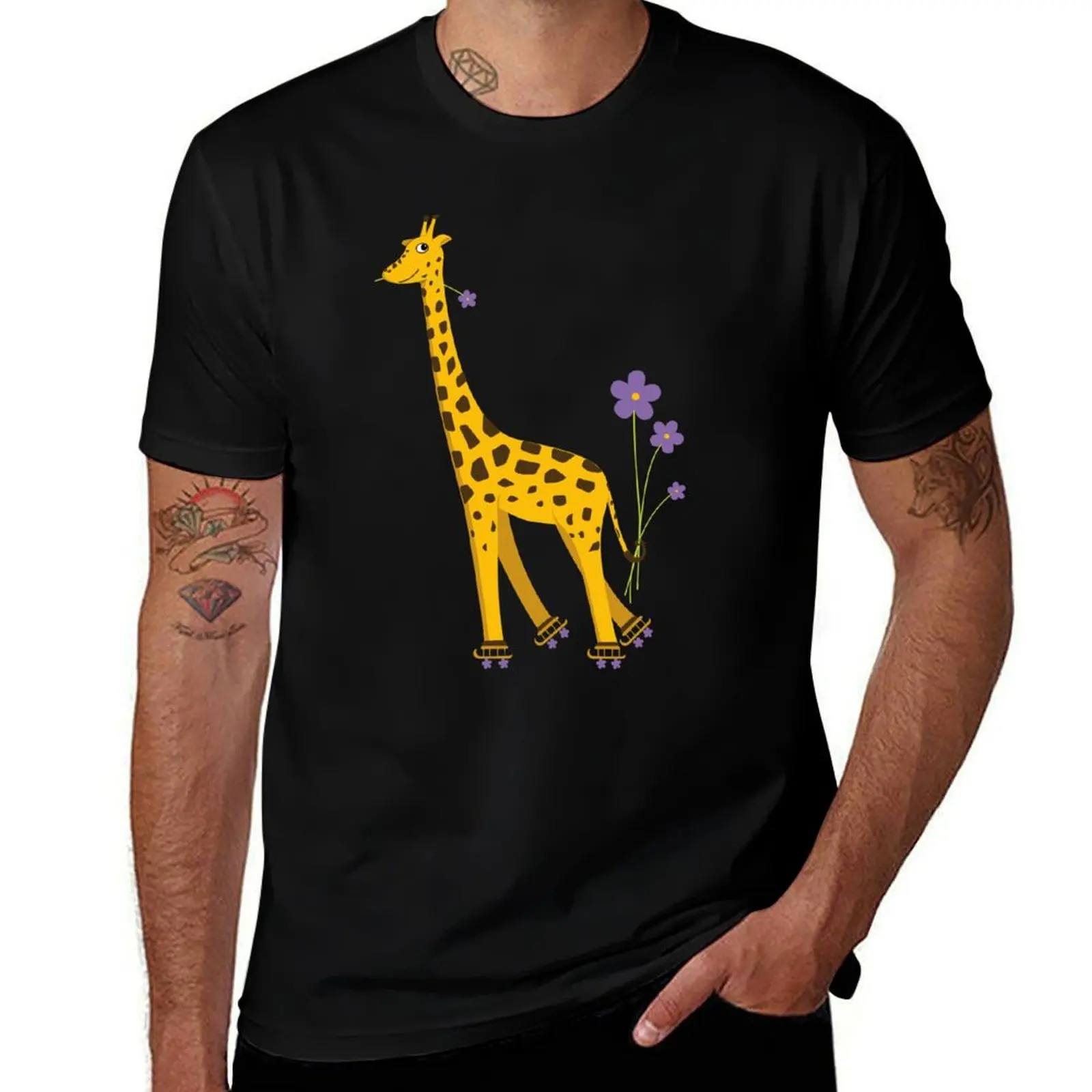 Purple Cartoon Funny Giraffe Roller Skating T-Shirt Work Short Sleeve Cotton Top T-Shirt