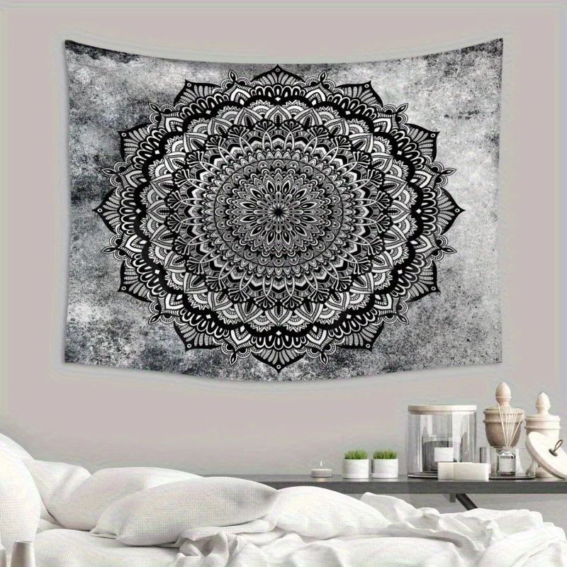 1pc Tapiz de Pared Compatible para Colgar en el Techo - Colgante de Pared con Patrón de Mandala en Tela Beige Claro, Horizontal