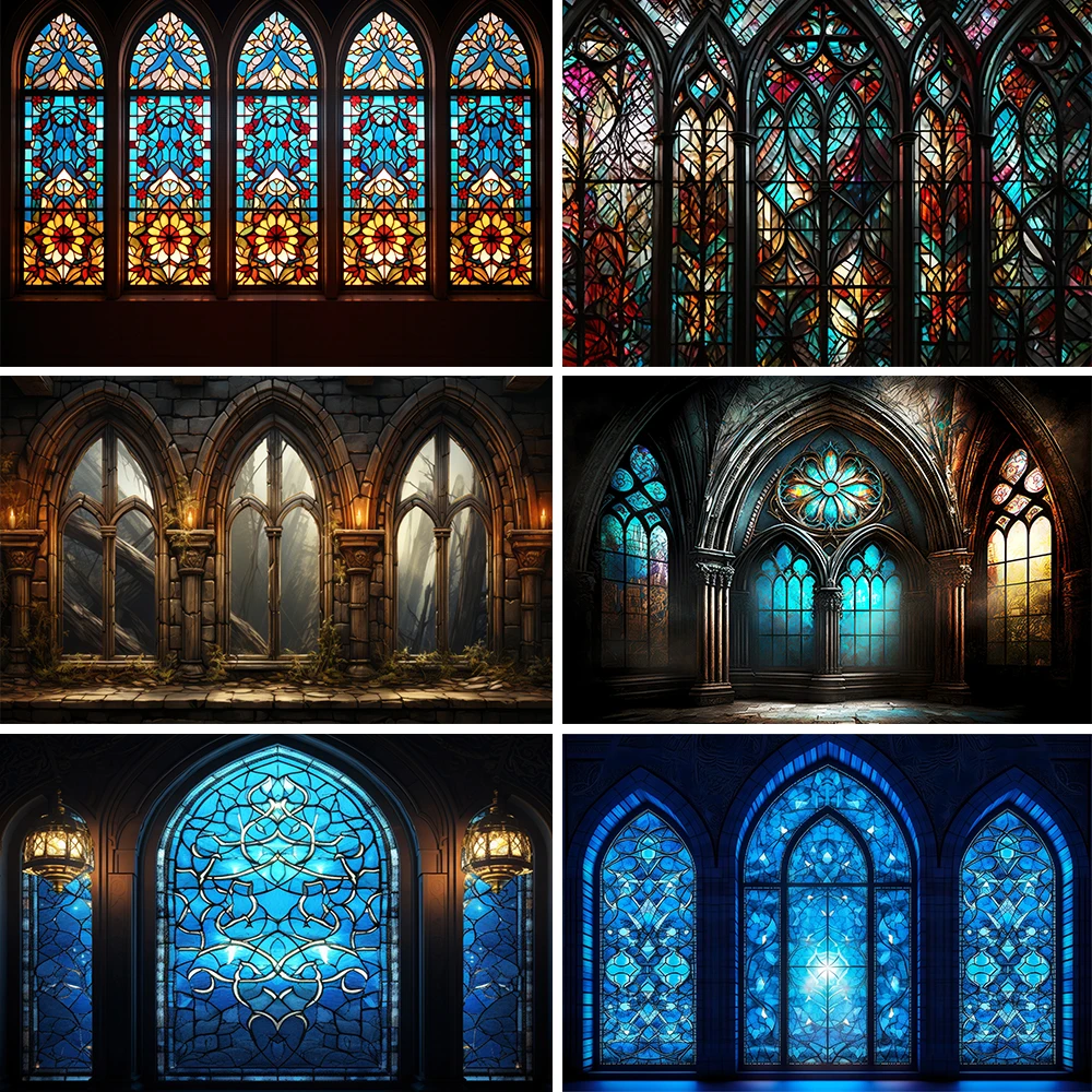 Bonvvie Vintage Colorful Glass Window Church Photography Backdrop Vinyl Polyester Cloth Photographic Background Photo Studio