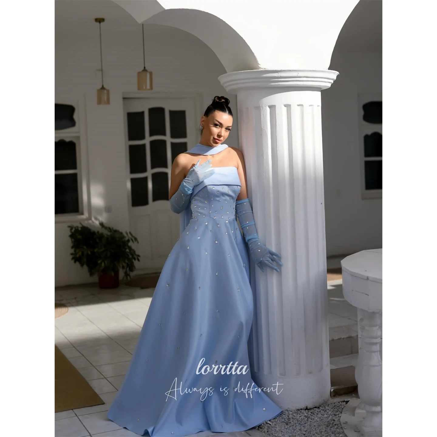

Lorrtta Satin Strapless Sky Blue Ball Gown Evening Dress 2026 Prom Dress Vintage Pearl Embellished Customized Robes de Soirée