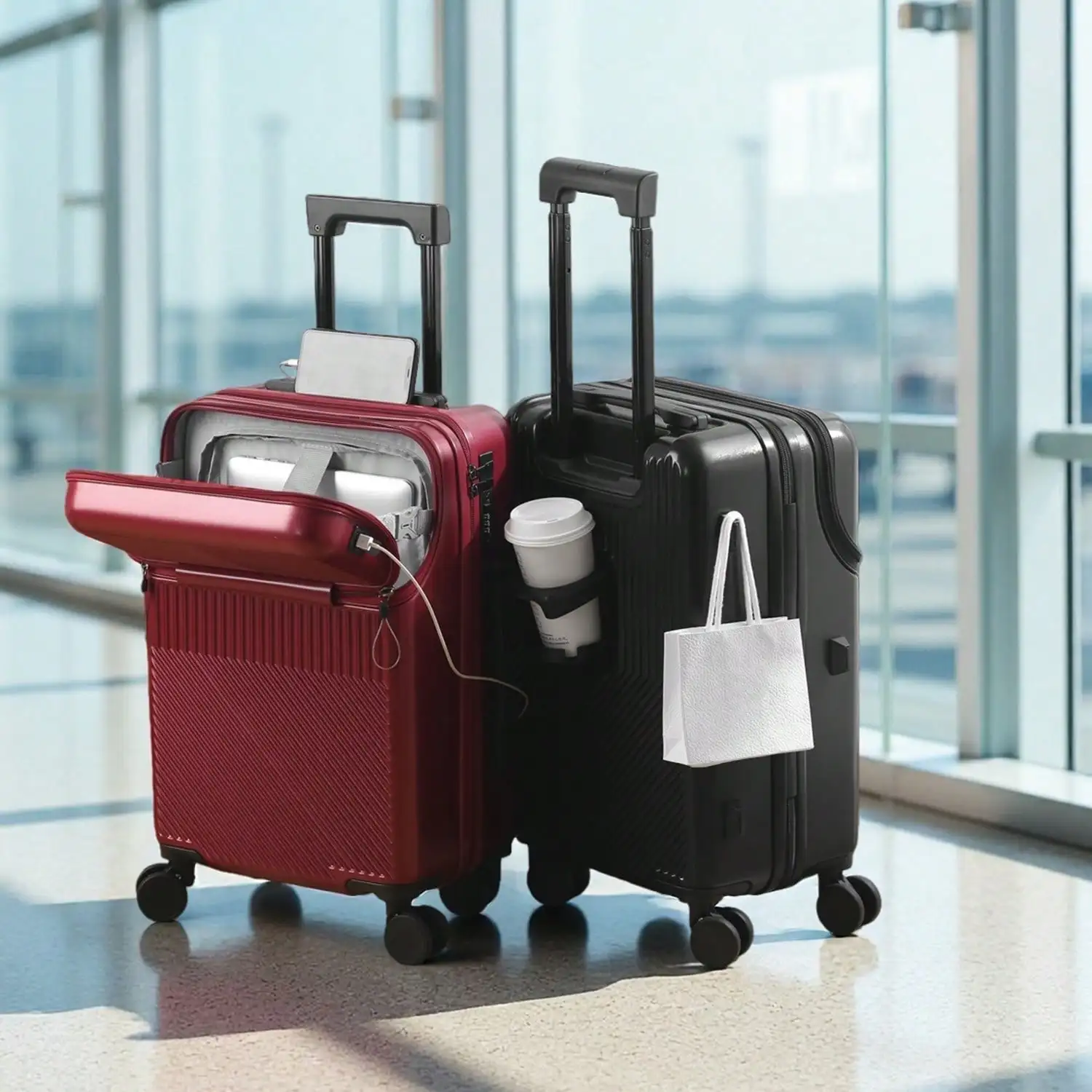 Suitcase ABS+PC Spinner Luggage – Front-Opening Laptop Compartment For Quick Access, Built-In USB Charging Port (Power Bank Not Included), Foldable Rear Cup Holder For Water Bottles & Coffee Cups, 360° Double-Row Silent Spinner Wheels