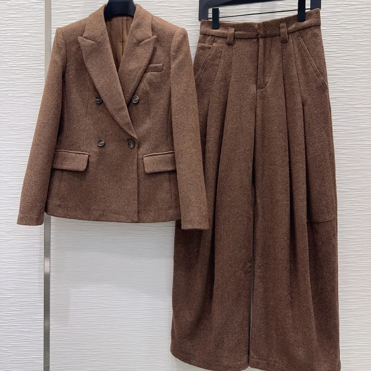 High Quality Women Tweed Suit Set, Double Breasted Blazer & High Waist Wide Leg Pants 2 Piece Outfit lyt26101634