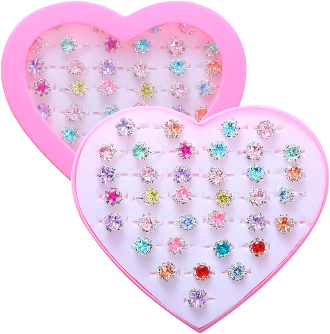 

36pcs Adjustable Rhinestone Rings for Girls 4-12, Pretend Play Dress Up Birthday Gifts
