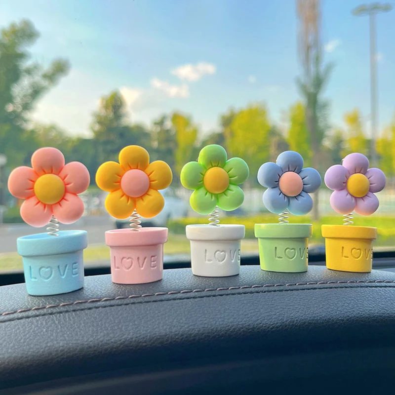 Cute Cartoon Dashboard Decoration Candy Color Flowerpot Car Shaking Spring Head Toy Creative Shaking Flower Pot Ornament