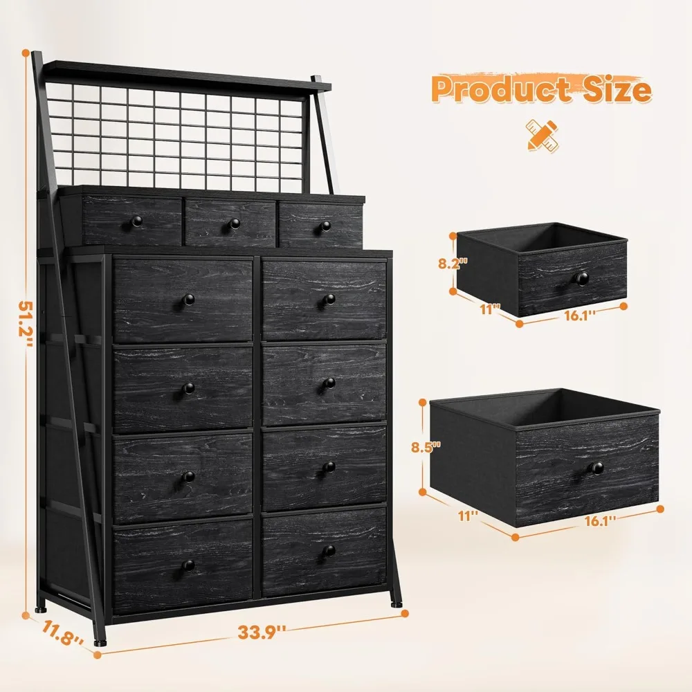 Cômoda alta preta de 51 "h para quarto com 11 gavetas e luzes LED, cômodas e cômodas para quarto, sala de estar, clos