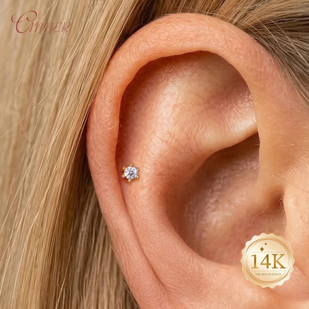 CANNER 14K Solid Gold Cassic Six Claw Diamond Studded Flat Head Puncture Earring Sparkling Pendientes Women And Girl Gifts