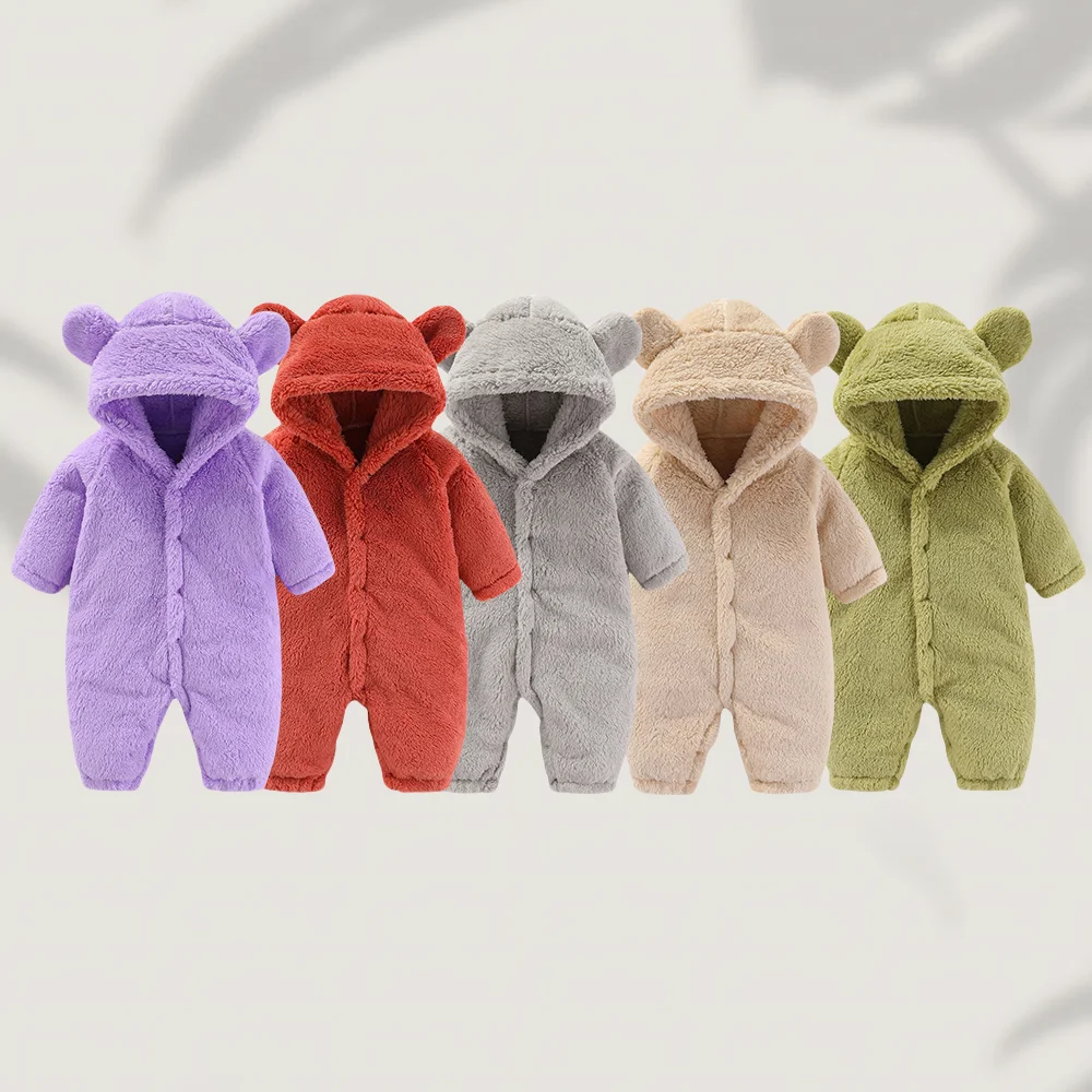 

2025 Autumn Newborn Baby Warm Fleece Bear Ear Romper Jumpsuit Thick Cozy Multi-Color Infant Hooded Jumpsuit Baby Clothing